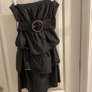 Denim belted ruffle dress